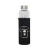 A drink bottle with a clear glass body, stainless steel lid, and black sleeve featuring a graphic design.
