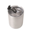A drink bottle featuring a stainless steel finish and a clear lid with a black handle, designed for easy drinking.