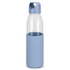 A drink bottle featuring a clear glass body with a light blue silicone sleeve and cap. It has a logo visible.