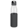 A drink bottle with a clear glass body and a dark grey silicone sleeve, featuring a wide mouth and a handle.