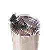 A drink bottle with a stainless steel body and a clear lid featuring a black opening mechanism.