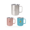 A stainless steel mug set featuring pink, blue, and silver finishes, each with a logo and a clear lid.