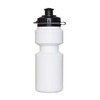 A drink bottle in white with a black flip-top lid and a secure cap, featuring a simple design.