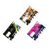Three card-sized multi-tools in vibrant colours, featuring various designs and a ruler measurement. Each tool has a branding logo.
