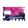 A card-sized multi-tool featuring various functions including a bottle opener, can opener, and phone stand, in vibrant purple tones.
