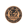 A cork coaster featuring a circular design with a logo in black against a natural cork background.