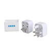 A white travel adapter set with two different plug types and a storage case, featuring a logo.