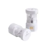 A white universal plug travel adapter, featuring a transparent design, with two adapters positioned beside each other.