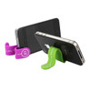 A green and purple silicone magnetic clip designed to hold phones upright, featuring a branding logo.