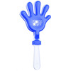 A blue plastic hand-shaped clapper with a transparent handle and a logo printed on it.
