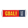 A hand-held fan flag featuring a red background with bold yellow text that reads "GOAL!" and a blue section with a logo.