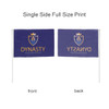 A rectangular cheering flag in purple with a logo, mounted on a white stick, showing both front and back sides.