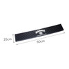 A black moulded PVC bar runner featuring a logo, measuring 25cm by 60cm, with a textured surface.