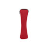 A red zippered pouch with a curved design for carrying items. It includes a logo.