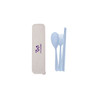 A portable utensils set featuring light blue cutlery: a spoon, fork, and chopsticks in a case with a logo.