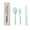 A portable utensil set in mint green featuring a spoon, fork, and chopsticks, housed in a beige case with a logo.