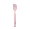 A pink fork made from eco-friendly material, featuring a logo.