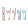 A portable utensils set with three pieces: cutlery in pink, white, and light blue, stored in a cream case with a logo.
