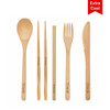 A bamboo cutlery set featuring six pieces: a spoon, fork, knife, chopsticks, and a straw, all with a natural finish.