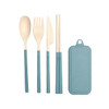 A set of travel utensils in teal, including a spoon, fork, knife, and chopsticks, with a matching case.