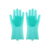 A pair of mint green silicone gloves feature textured surfaces for cleaning, with integrated brush-like nodules.