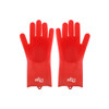Red silicone cleaning gloves with textured palms, designed for various cleaning tasks. The gloves have a brand logo.