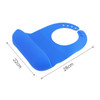 A blue silicone bib with snap closure, featuring a pocket and measuring 28cm by 22cm. It has a branding logo.