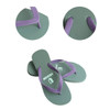 A pair of green and purple rubber thongs with a textured footbed and branding on the straps.