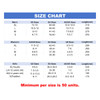 A size chart detailing measurements for men's, women's, and kids' clothing, with various size options listed.