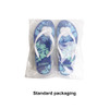 Rubber platform thongs featuring a floral pattern in shades of blue and white, packaged in clear plastic.
