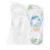 EVA talking footprint thongs in white and colourful tropical design, packaged in clear plastic. Includes a logo.