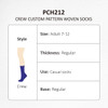 Crew custom pattern woven socks in navy blue, featuring a logo and designed for adults sizes 7-12 with regular thickness.