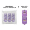 Three pairs of purple socks packaged in a biodegradable bag, featuring an optional custom header card.