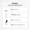 A pair of kids' gripper socks in dark blue, featuring ankle style and non-slip grip points. Includes size and thickness details.