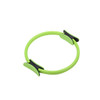 A bright green Pilates circle with black grips, designed for fitness activities. It features a smooth, rounded shape.