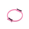 A pink Pilates circle with two black rubber grips. The product is lightweight and designed for fitness activities.