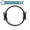 A black Pilates circle featuring two handles, lightweight and compact for fitness activities.
