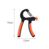 A black and orange adjustable hand grip with a spring mechanism, measuring 15cm in height and 12cm in width.