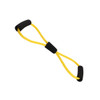 A yellow figure 8 resistance band with black foam handles, designed for exercise and fitness activities.