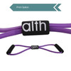 A Figure 8 resistance band with handles in purple, featuring a logo on the central strap.