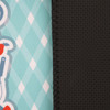 A neoprene oven mitt featuring a patterned fabric in turquoise and white, with a solid black textured side.