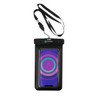 A waterproof phone bag in black with a clear front and strap, designed for universal compatibility.