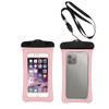 A pink waterproof cellphone dry bag featuring a clear front and a black closure, with a lanyard attached.