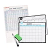 A magnetic erasable calendar planner featuring a black and white design, with a green eraser and a black marker.