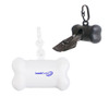 A bone-shaped pet waste bag dispenser in white with a black version, featuring a clip for easy attachment.