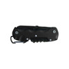 A multifunction pocket knife in black, featuring various tools and a carabiner clip for easy attachment.
