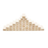 A wooden block game featuring numbered blocks arranged in a pyramid shape, primarily in a natural wood colour.