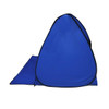 A blue pop-up beach tent with a streamlined design and a detachable floor section. It features a logo.