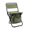 A green foldable camping chair featuring a cooler bag underneath and a sturdy black frame. It has a compact design.