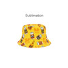 A yellow bucket hat with a vibrant beer can pattern and a logo. Suitable for outdoor wear.